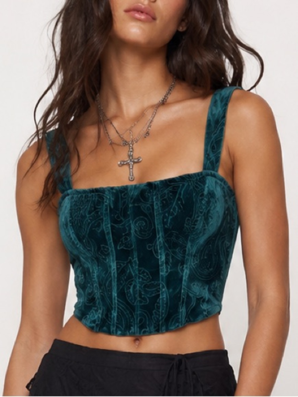 Thirty/Thirty LA Green Embossed Paisley Velvet Square Neck Smocked Crop Top SZ M